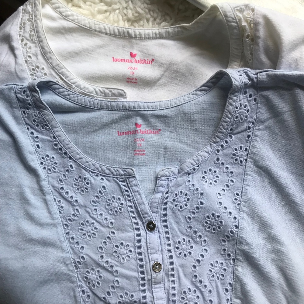 Sale! 2/$15 White and Blue Woman Within Eyelet Detail Henley Tee 1X